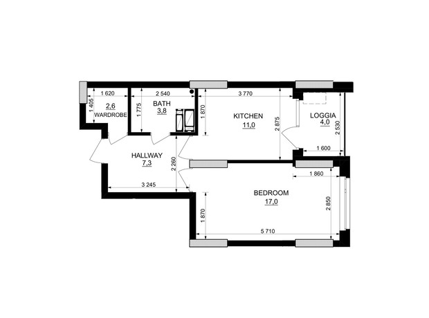 ЖК Kub29: планування 1-кімнатної квартири 43.7 м²