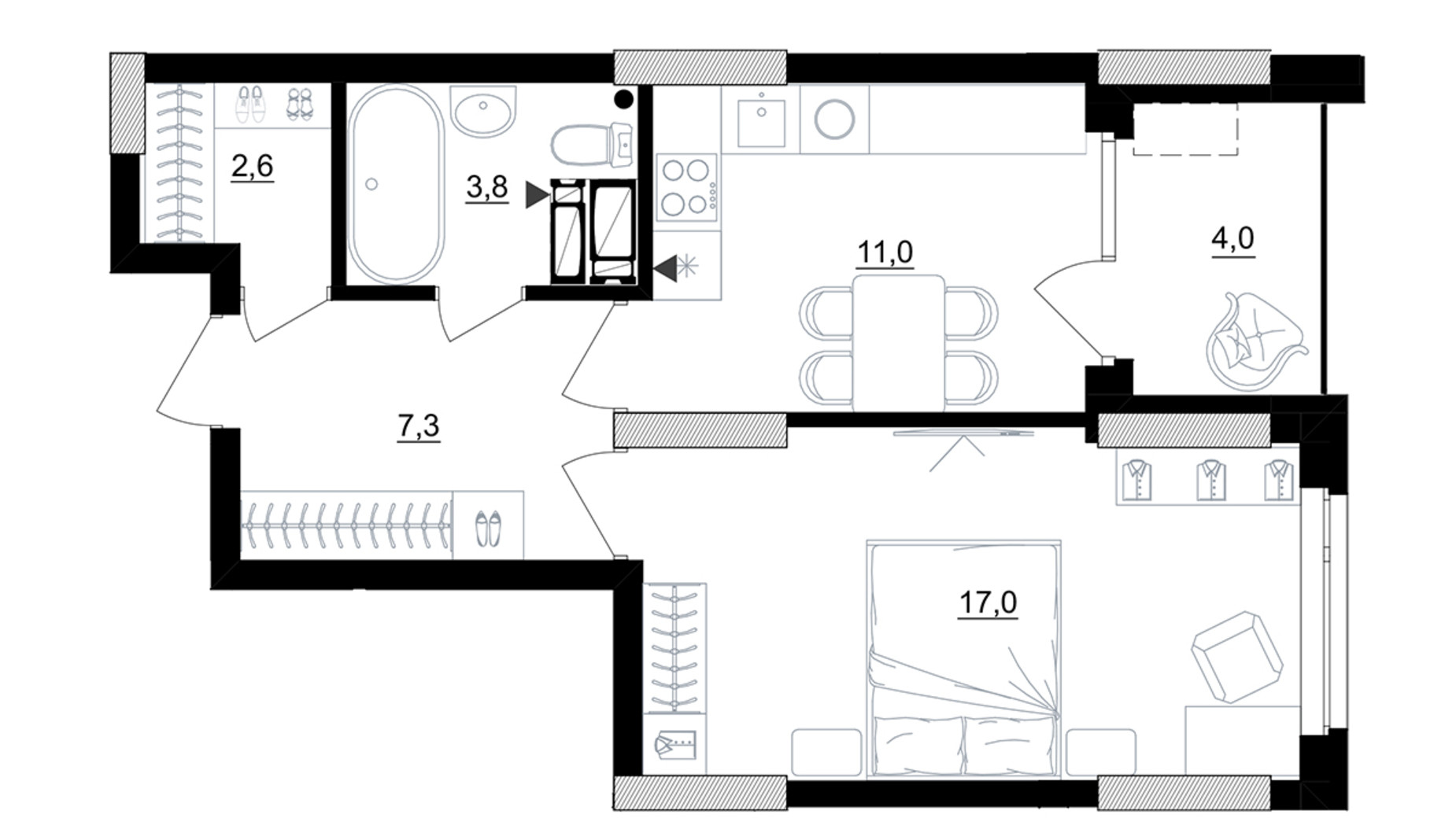 Планування 1-кімнатної квартири в ЖК Kub29 43.7 м², фото 365234