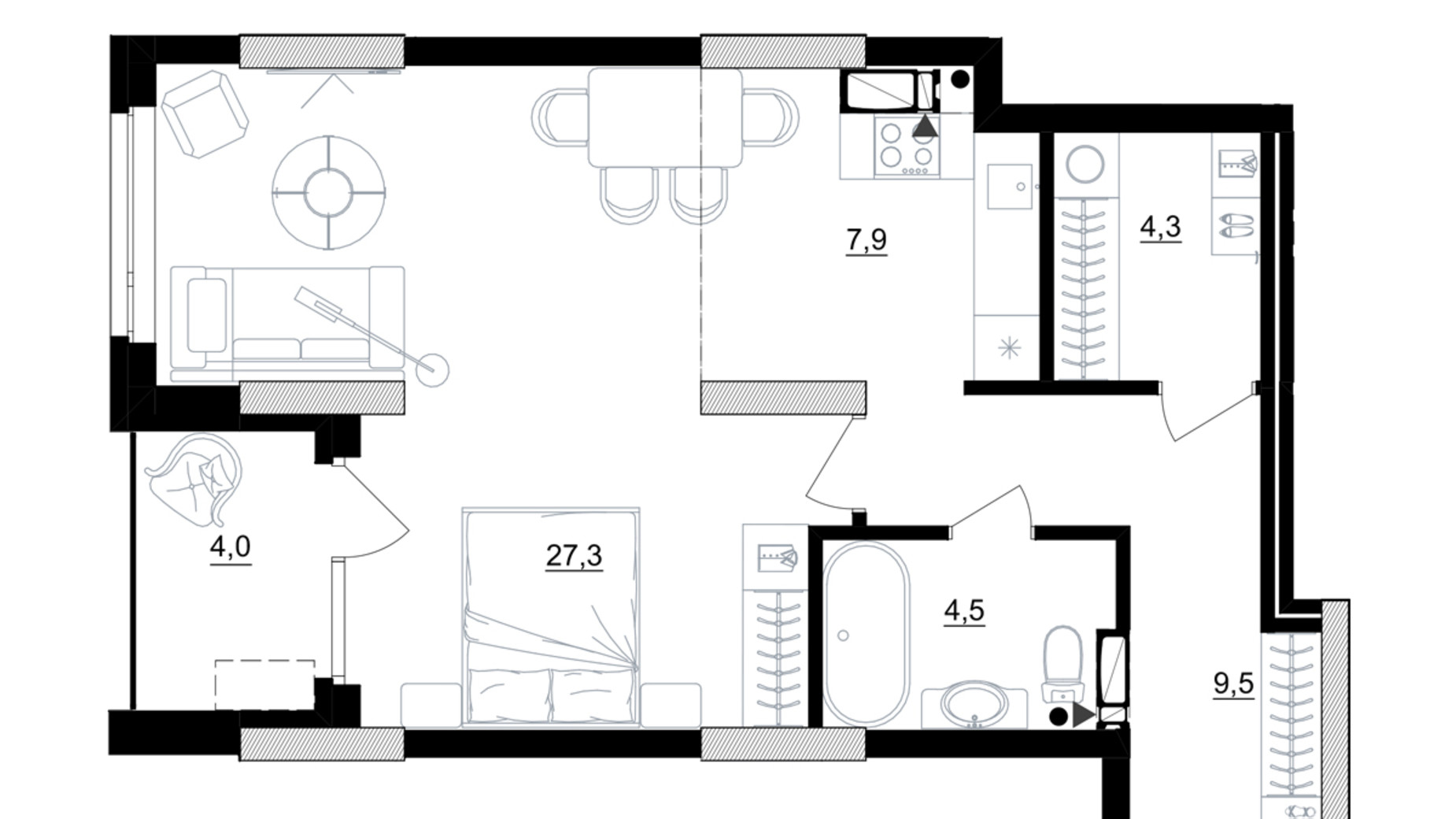 Планування 1-кімнатної квартири в ЖК Kub29 55.5 м², фото 365237