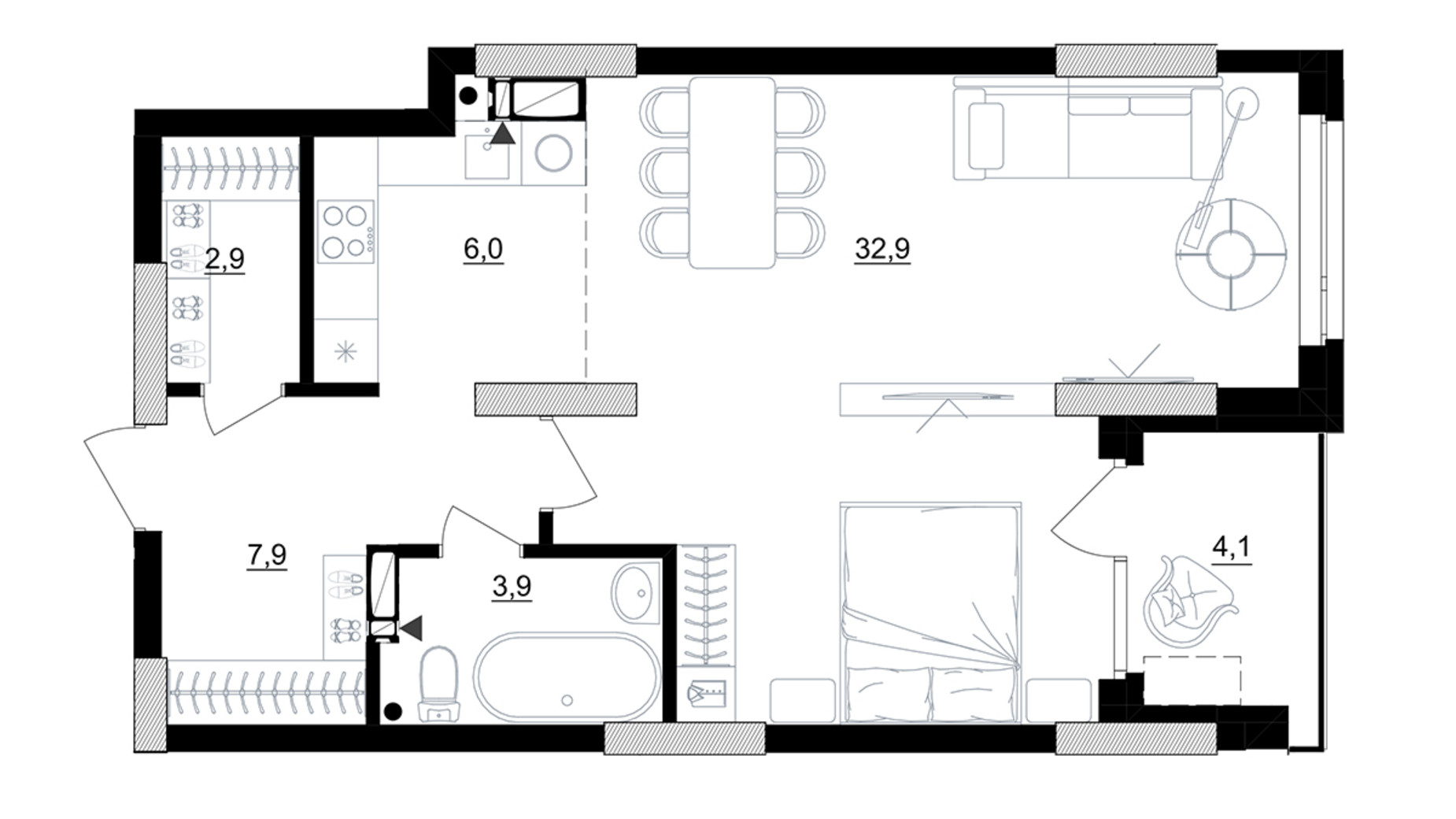 Планування 1-кімнатної квартири в ЖК Kub29 55.3 м², фото 365242