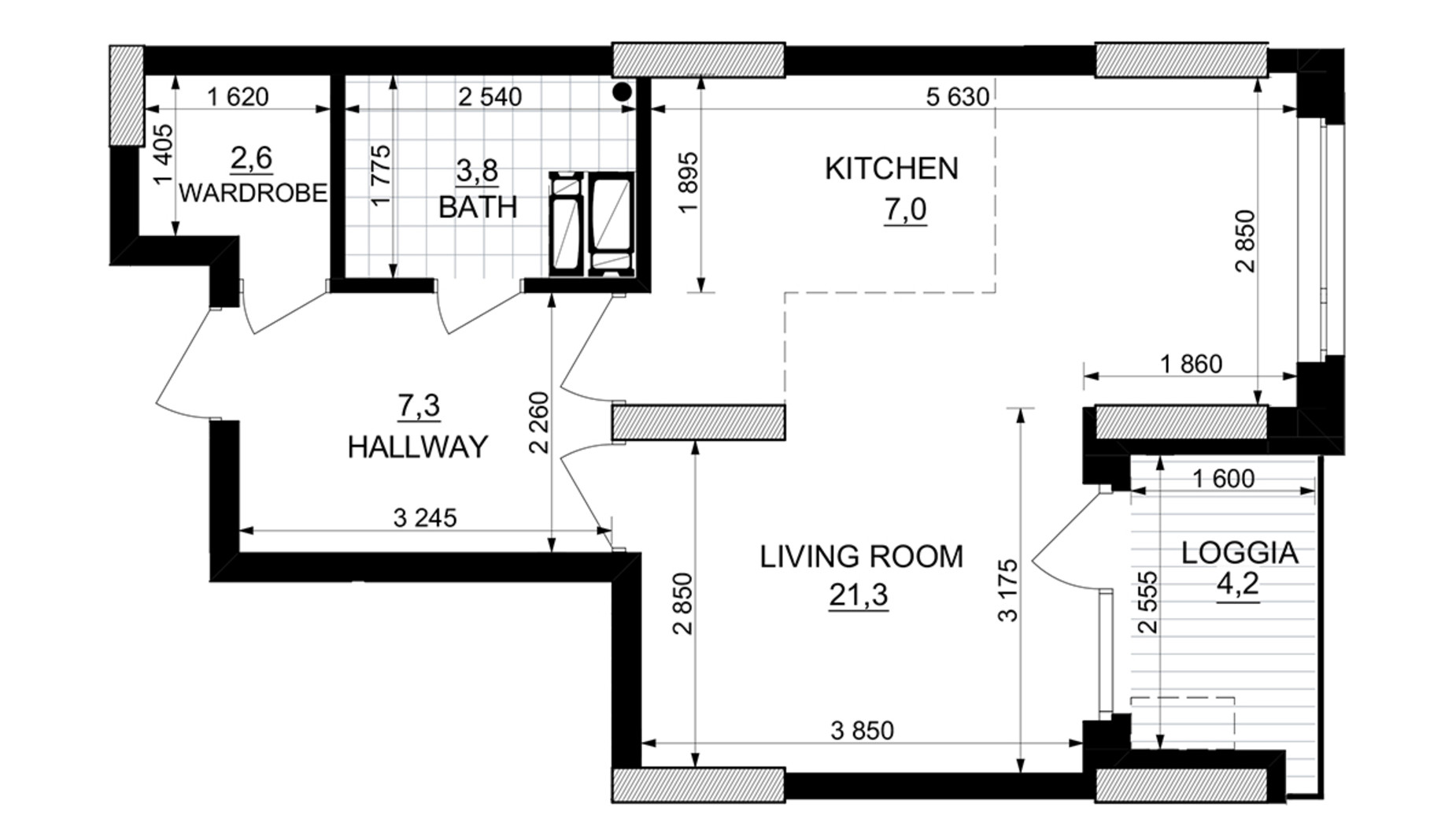 Планировка 1-комнатной квартиры в ЖК Kub29 44.1 м², фото 365245