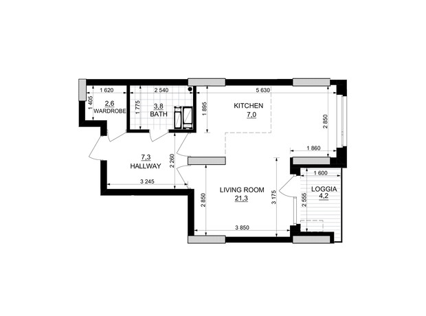 ЖК Kub29: планировка 1-комнатной квартиры 44.1 м²