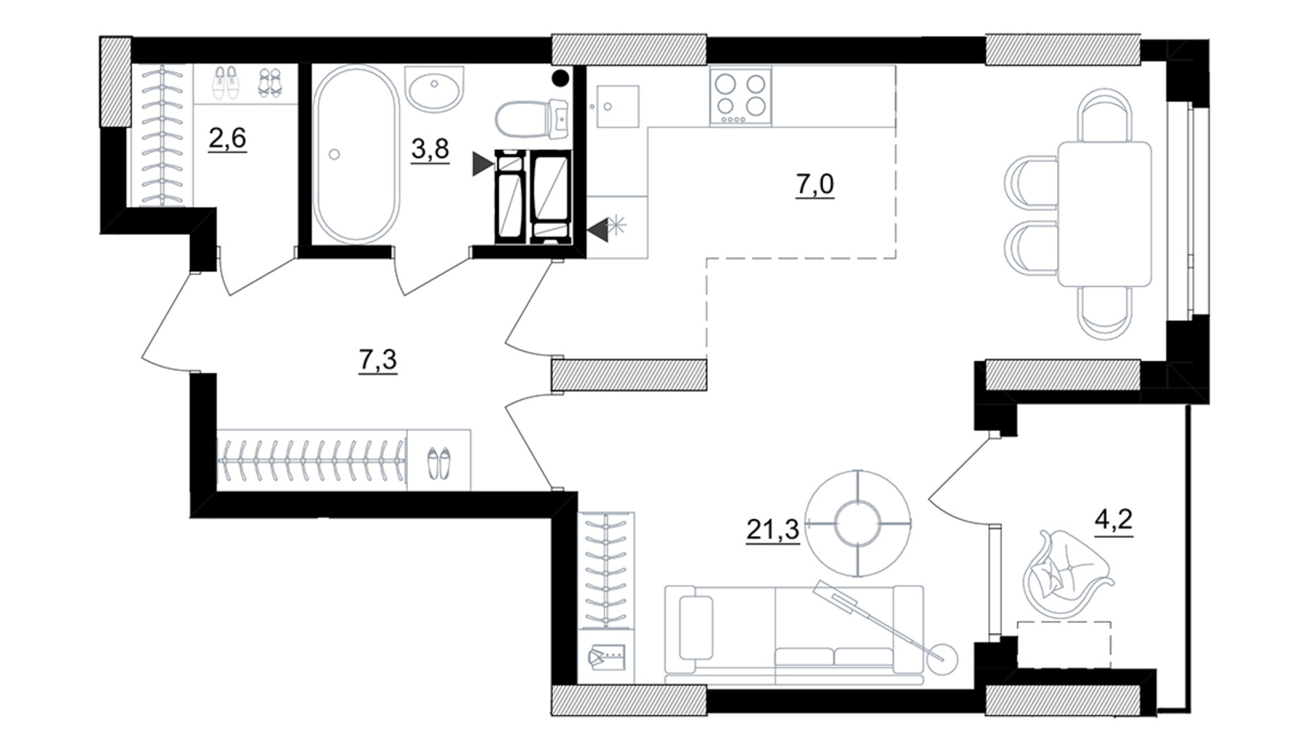 Планировка 1-комнатной квартиры в ЖК Kub29 44.1 м², фото 365246