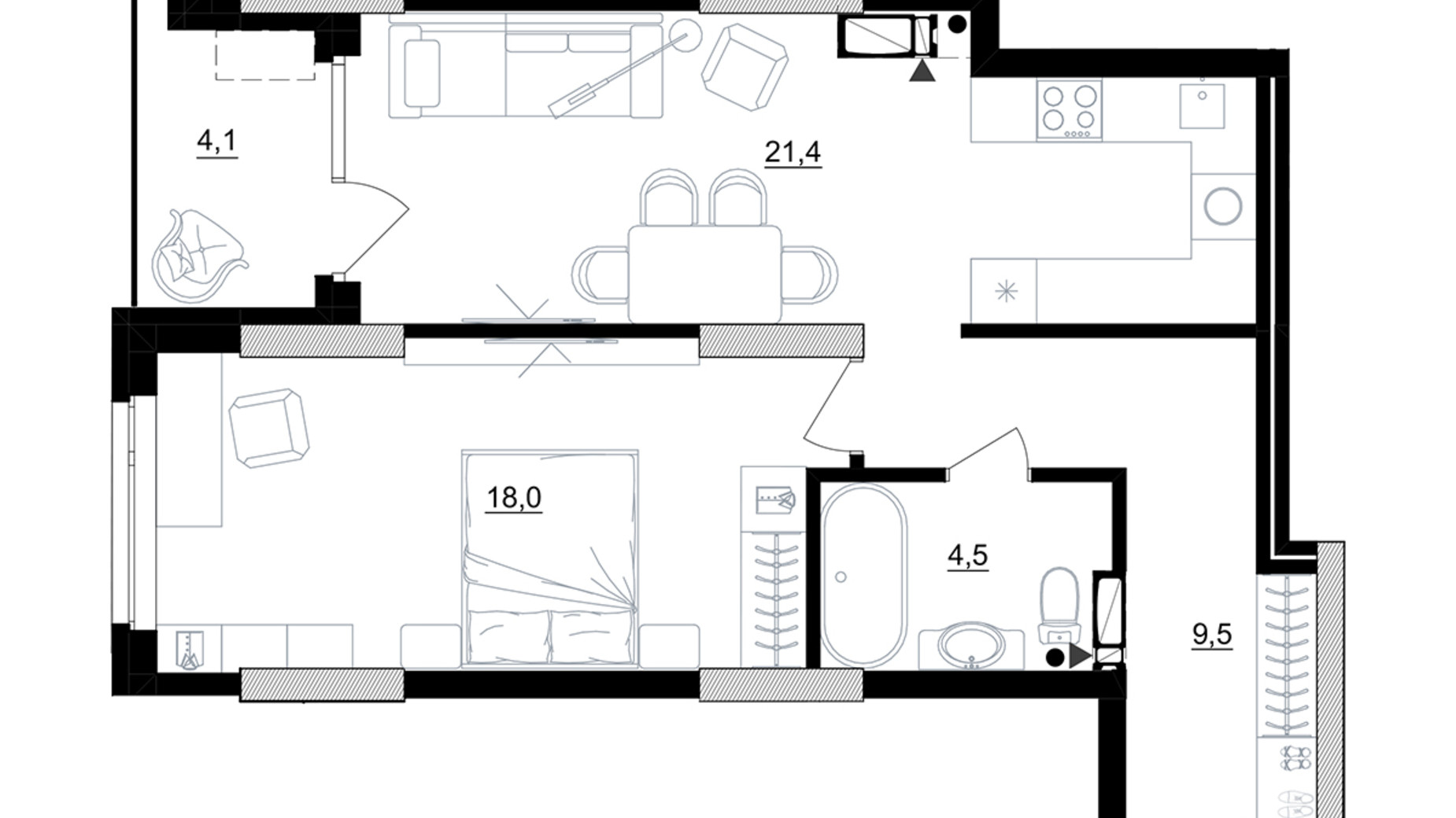 Планировка 1-комнатной квартиры в ЖК Kub29 55.5 м², фото 365251