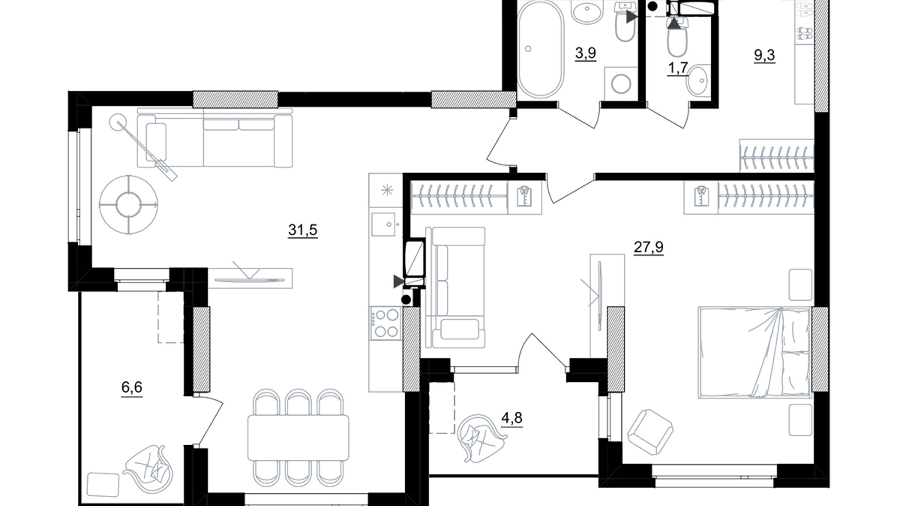 Планування 1-кімнатної квартири в ЖК Kub29 80 м², фото 365264