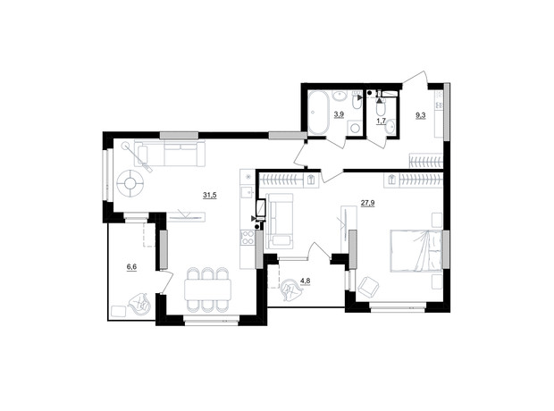 ЖК Kub29: планування 1-кімнатної квартири 80 м²