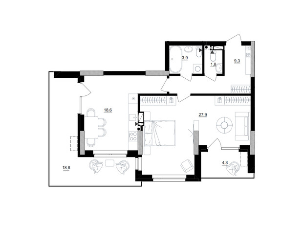ЖК Kub29: планування 1-кімнатної квартири 73.3 м²