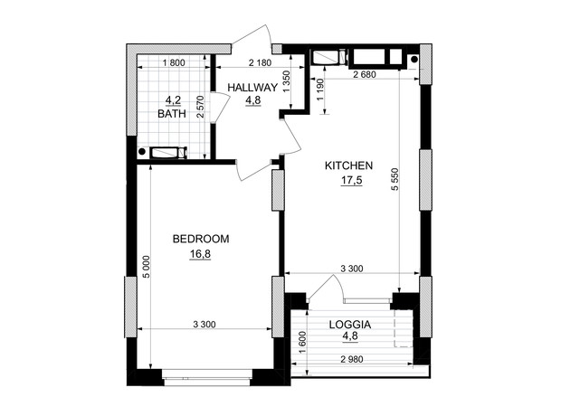 ЖК Kub29: планировка 1-комнатной квартиры 45.7 м²