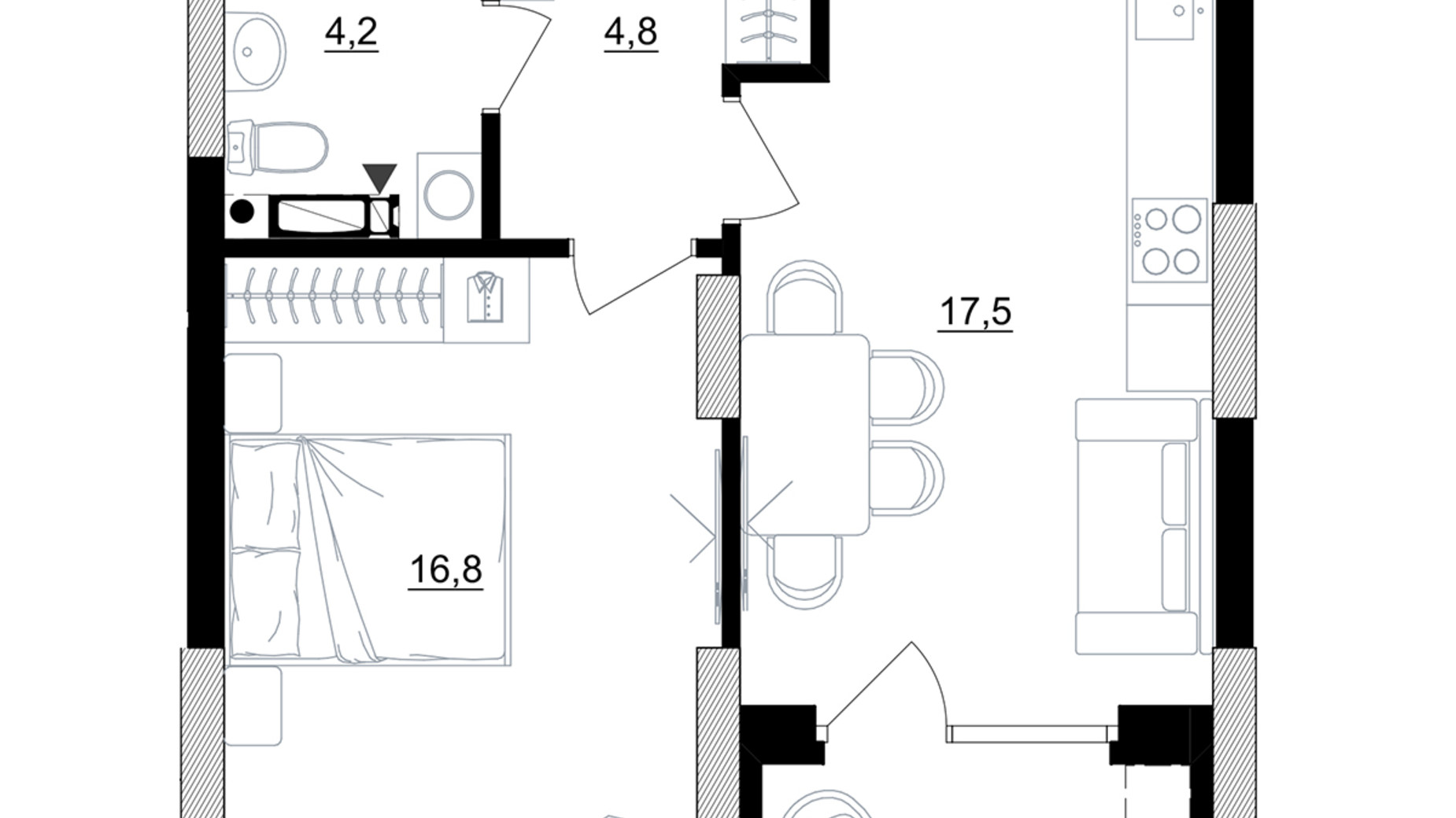 Планировка 1-комнатной квартиры в ЖК Kub29 45.7 м², фото 365270