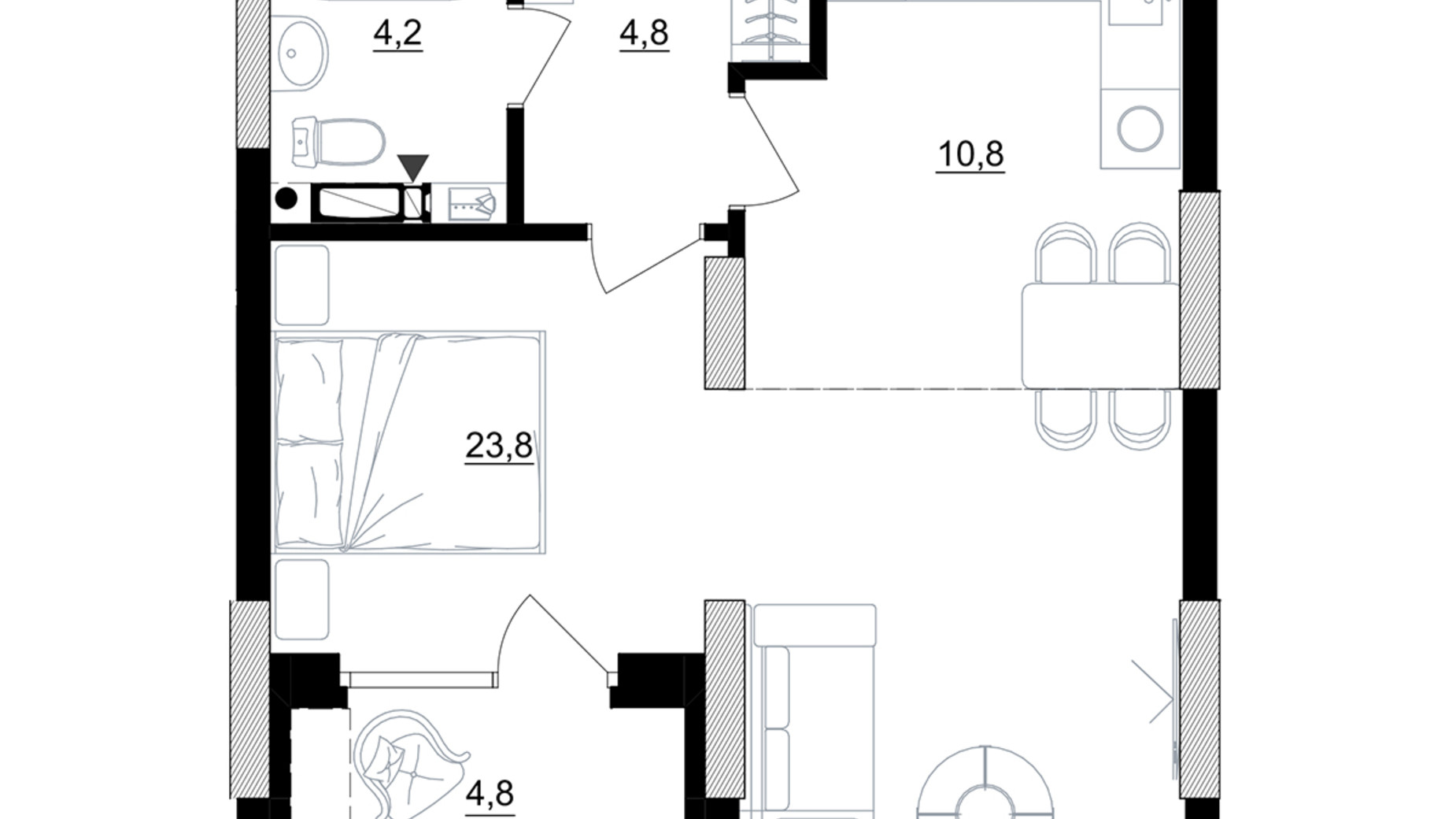 Планування 1-кімнатної квартири в ЖК Kub29 46 м², фото 365272