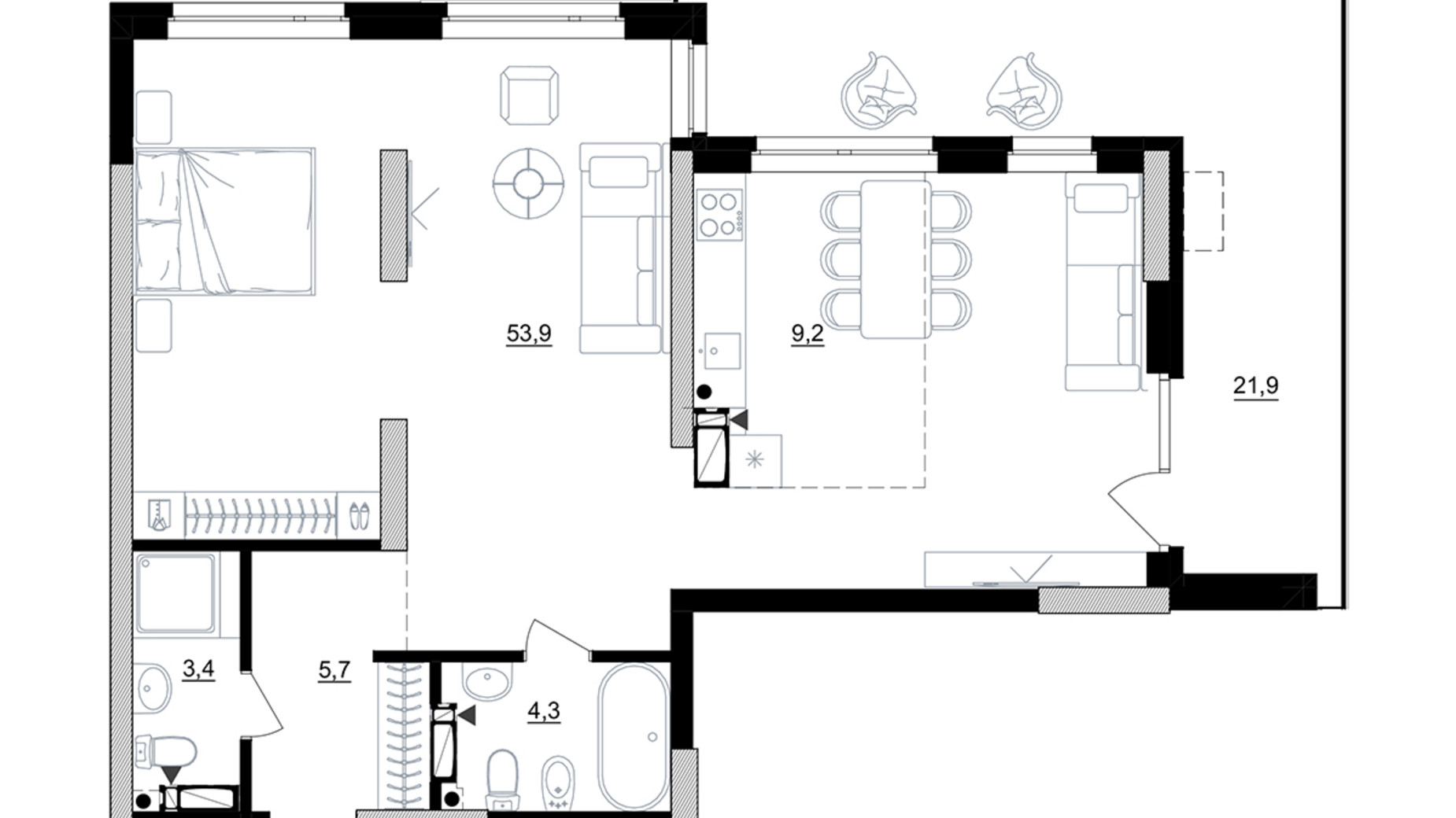 Планування 1-кімнатної квартири в ЖК Kub29 87.4 м², фото 365275