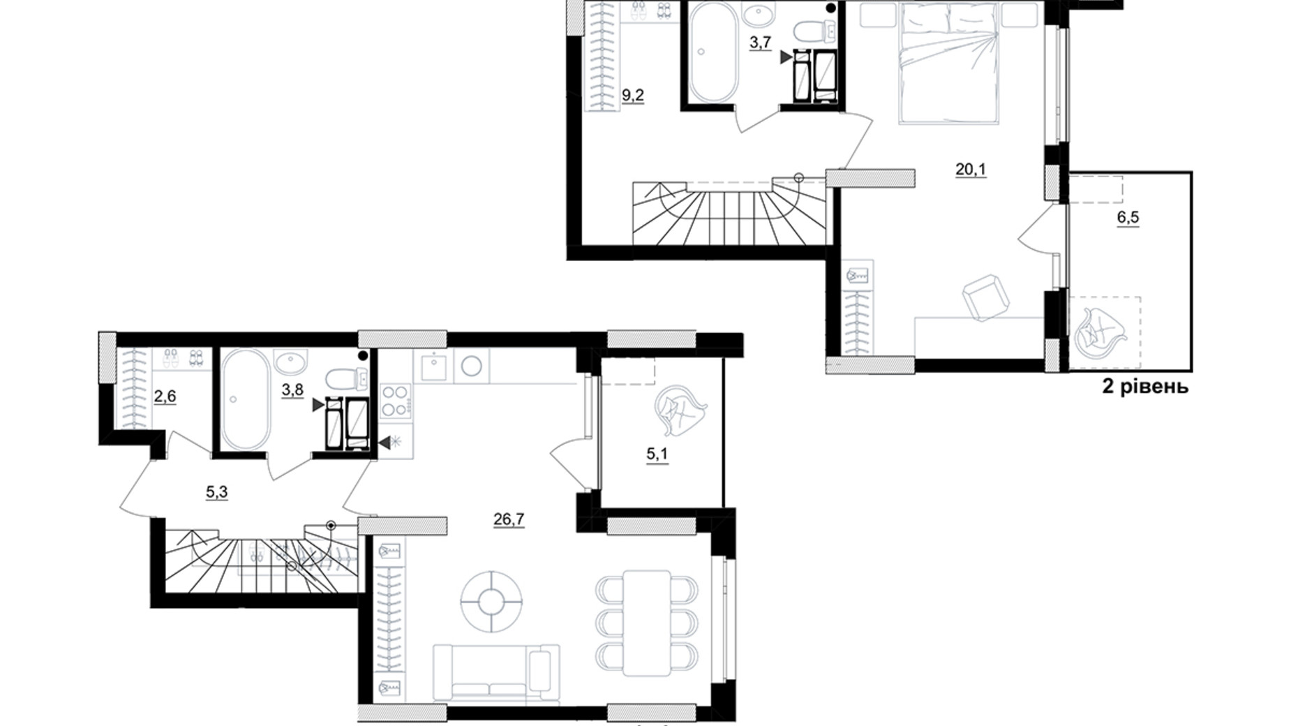 Планировка много­уровневой квартиры в ЖК Kub29 75.9 м², фото 365293