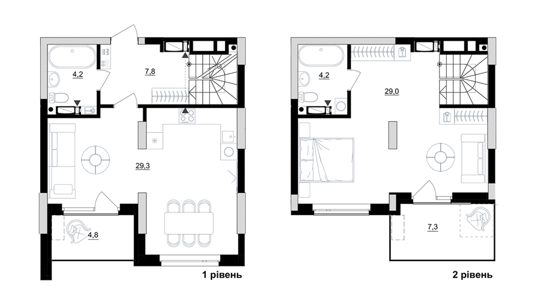 Планировка много­уровневой квартиры в ЖК Kub29 79.1 м², фото 365299