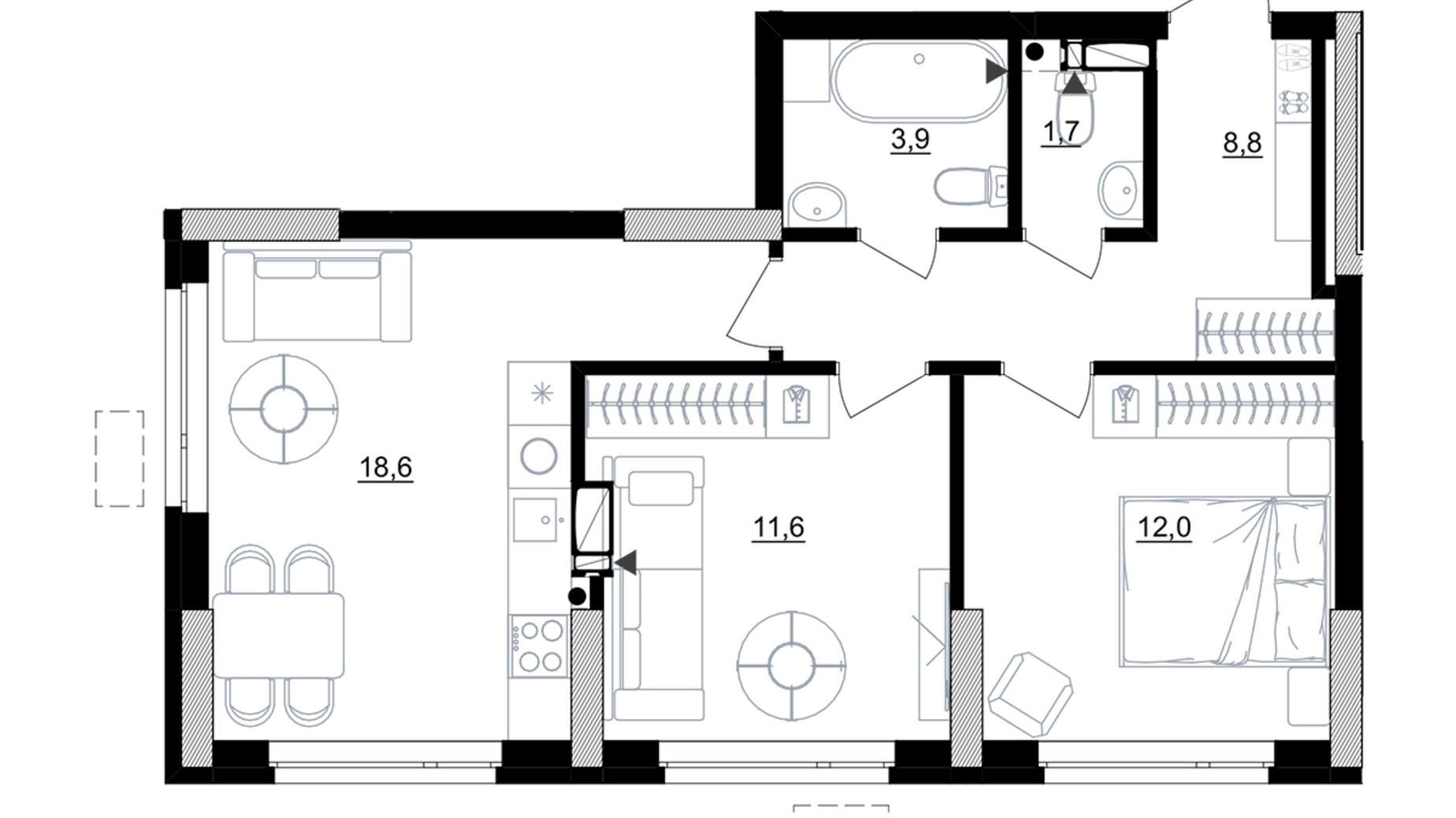 Планування 2-кімнатної квартири в ЖК Kub29 57.1 м², фото 365308