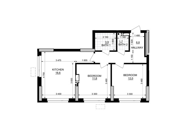 ЖК Kub29: планування 2-кімнатної квартири 57.1 м²