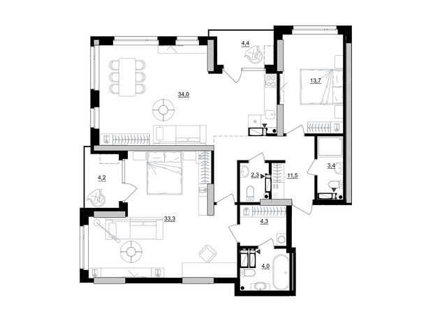 ЖК Kub29: планировка 2-комнатной квартиры 111 м²