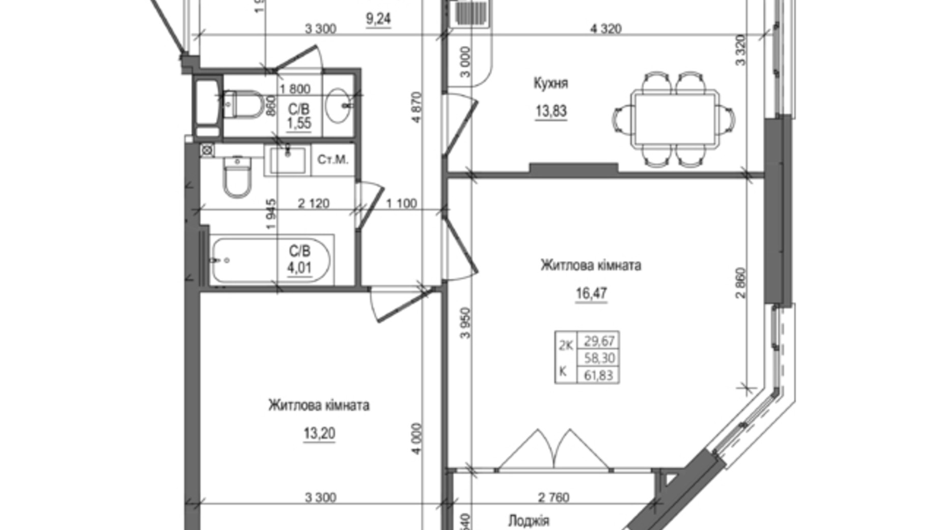 Планування 2-кімнатної квартири в ЖК на Петлюри, 28 61.83 м², фото 365397