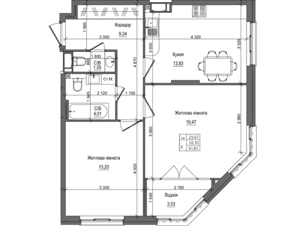 ЖК на Петлюры, 28: планировка 2-комнатной квартиры 61.83 м²