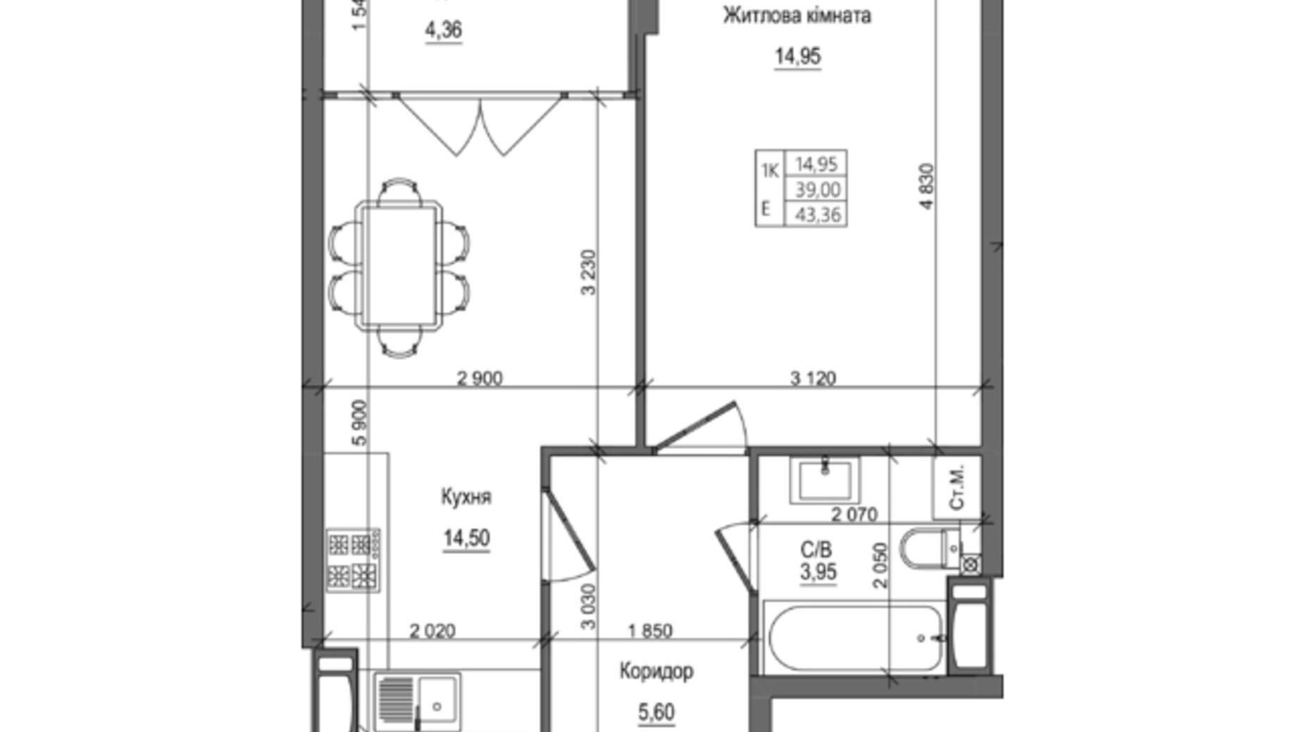 Планировка 1-комнатной квартиры в ЖК на Петлюры, 28 43.36 м², фото 365398