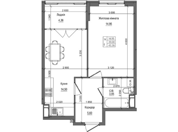 ЖК на Петлюры, 28: планировка 1-комнатной квартиры 43.36 м²