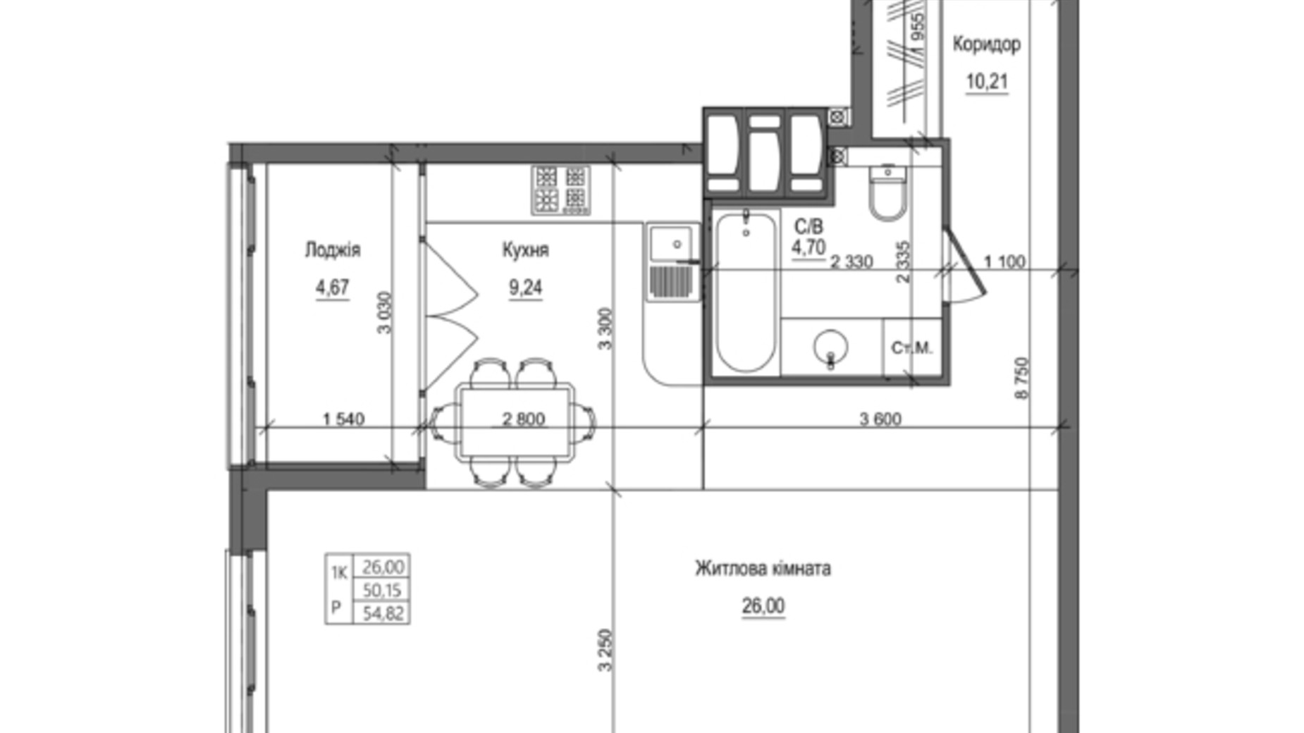 Планировка 1-комнатной квартиры в ЖК на Петлюры, 28 54.82 м², фото 365399