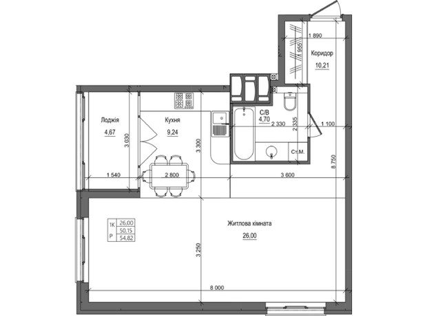 ЖК на Петлюры, 28: планировка 1-комнатной квартиры 54.82 м²