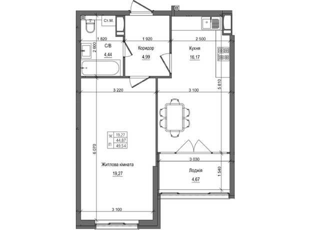 ЖК на Петлюры, 28: планировка 1-комнатной квартиры 49.54 м²