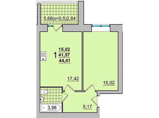 ЖК М'ятний: планування 1-кімнатної квартири 44.41 м²