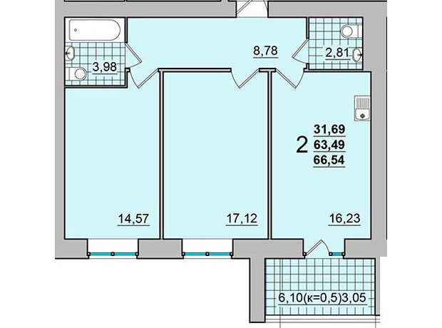 ЖК М'ятний: планування 2-кімнатної квартири 66.54 м²