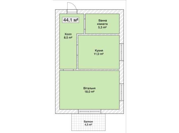 КД Сити Хаус №1: планировка 1-комнатной квартиры 44.1 м²