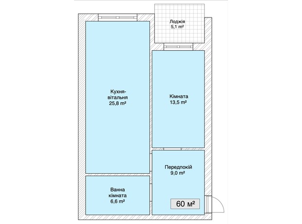 КД Сити Хаус №1: планировка 1-комнатной квартиры 60 м²