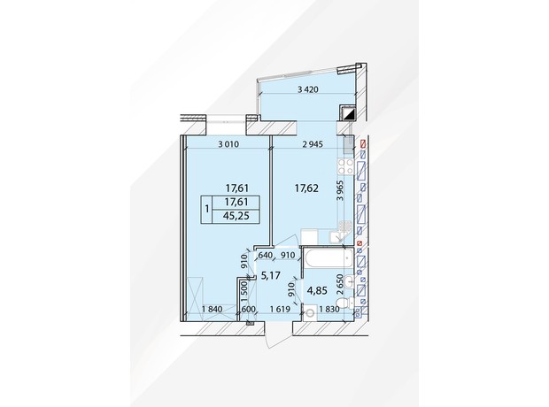 ЖК Лесной New: планировка 1-комнатной квартиры 45.25 м²