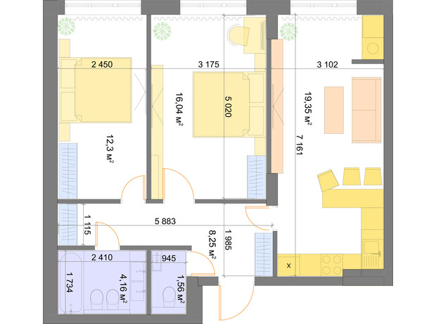 ЖК Благород: планировка 2-комнатной квартиры 61 м²