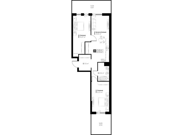 ЖК PERFECT LIFE: планування 2-кімнатної квартири 71.28 м²