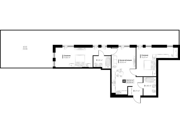ЖК PERFECT LIFE: планировка 2-комнатной квартиры 98.04 м²