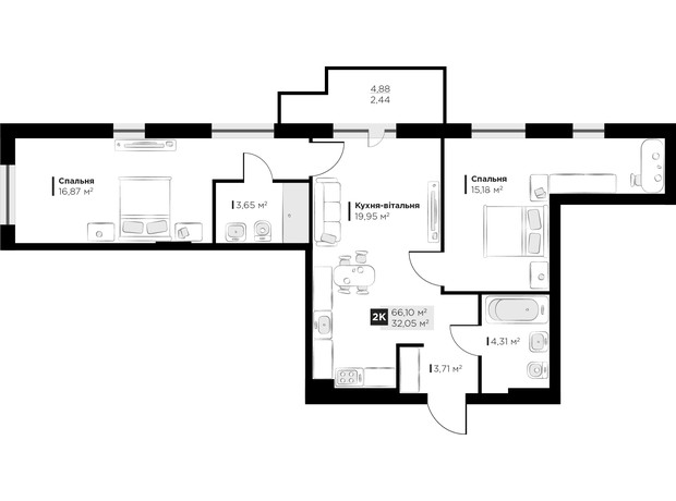 ЖК PERFECT LIFE: планування 2-кімнатної квартири 66.1 м²
