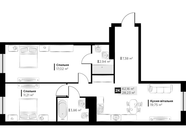 ЖК PERFECT LIFE: планировка 2-комнатной квартиры 62.16 м²