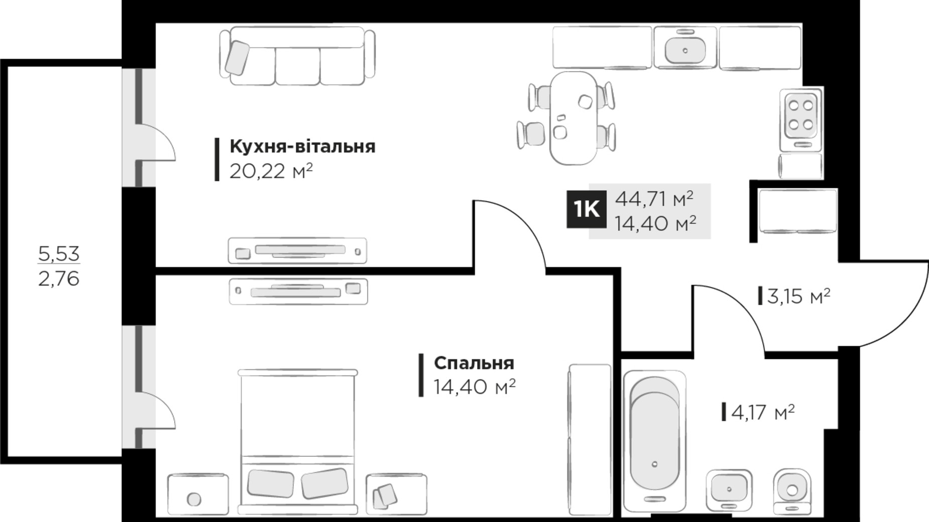 Планировка 1-комнатной квартиры в ЖК PERFECT LIFE 44.71 м², фото 365861