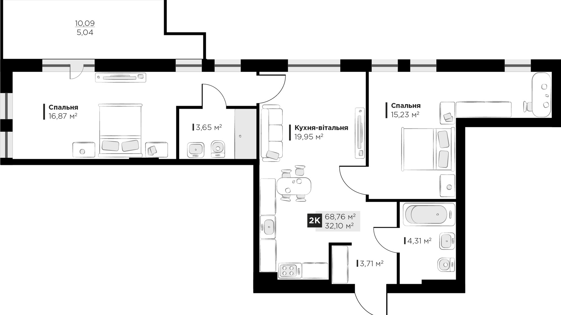 Планування 2-кімнатної квартири в ЖК PERFECT LIFE 68.76 м², фото 365864