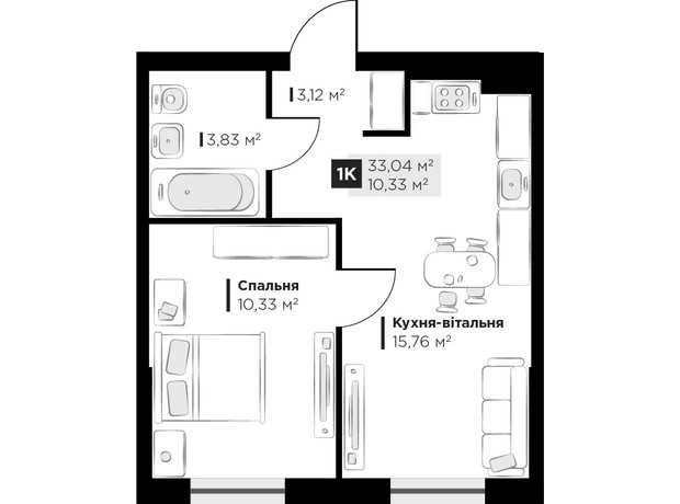 ЖК PERFECT LIFE: планировка 1-комнатной квартиры 33.04 м²