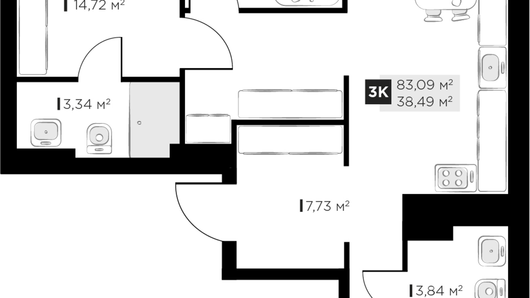 Планування 3-кімнатної квартири в ЖК PERFECT LIFE 83.09 м², фото 365867