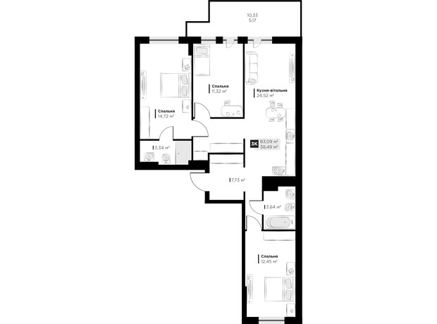 ЖК PERFECT LIFE: планировка 3-комнатной квартиры 83.09 м²
