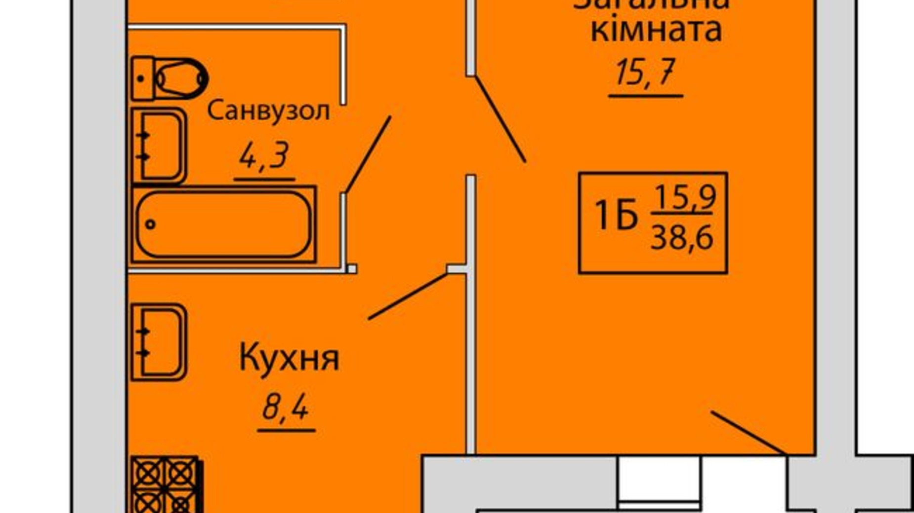 Планування 1-кімнатної квартири в ЖК Київський 38.6 м², фото 365885