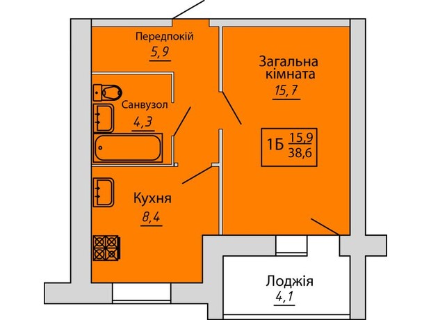 ЖК Київський: планування 1-кімнатної квартири 38.6 м²
