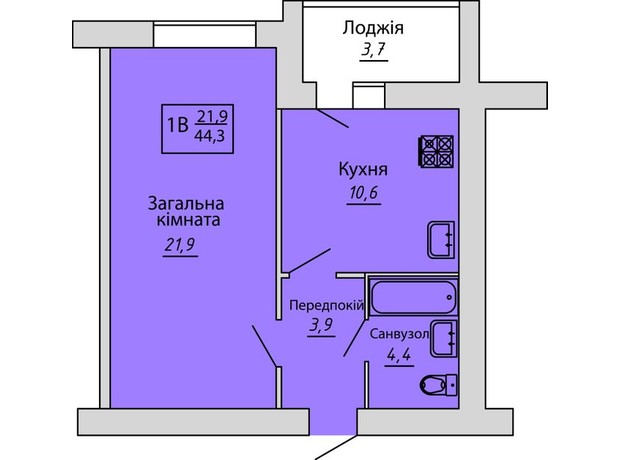 ЖК Київський: планування 1-кімнатної квартири 44.3 м²