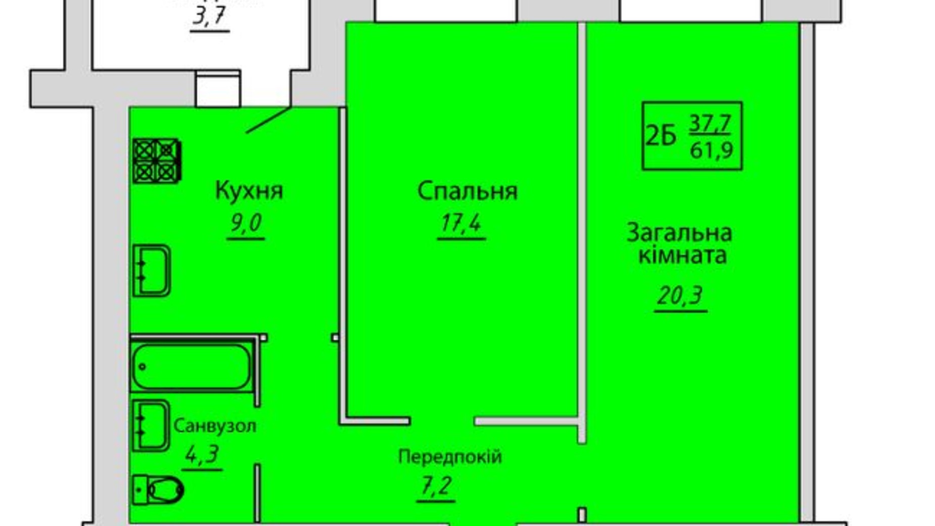 Планировка 2-комнатной квартиры в ЖК Киевский 61.9 м², фото 365889