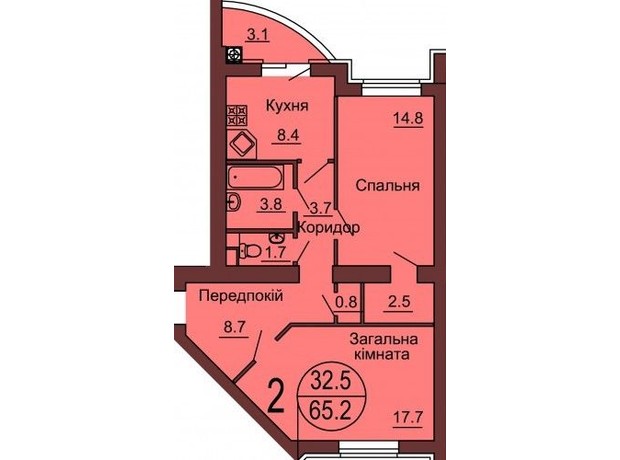 ЖК София Клубный: планировка 2-комнатной квартиры 65.8 м²