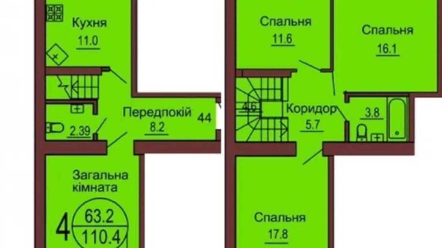 Планування багато­рівневої квартири в ЖК Софія Клубний 110.4 м², фото 366564