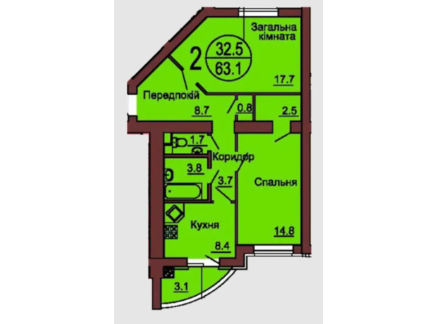 ЖК София Клубный: планировка 2-комнатной квартиры 64.1 м²