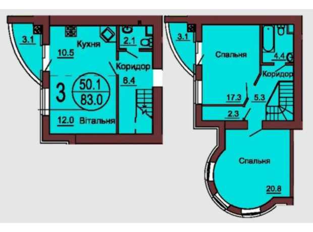 ЖК София Клубный: планировка 3-комнатной квартиры 83 м²